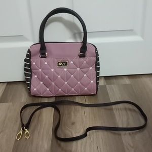 #175. Betsey Johnson Black Mauve Heart Quilted Striped Crossbody Bag